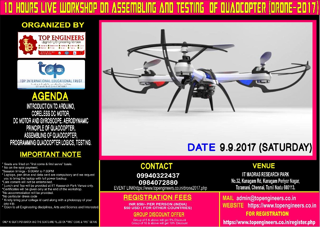 10 HOURS LIVE WORKSHOP ON ASSEMBLING AND TESTING  OF QUADCOPTER