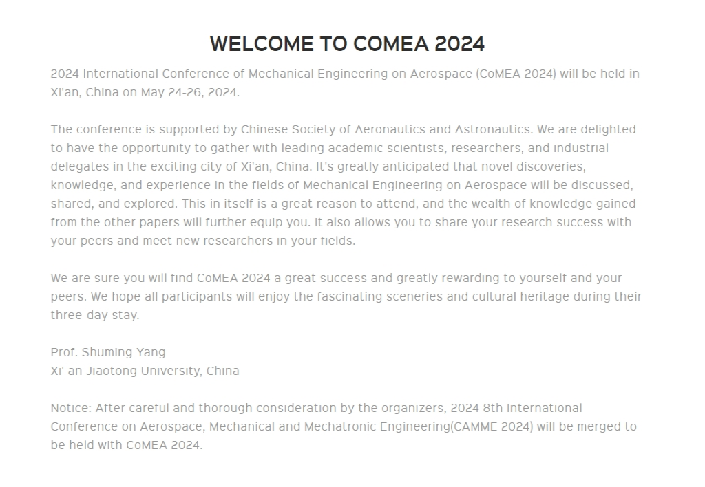 Conference of Mechanical Engineering on Aerospace (CoMEA 2024)